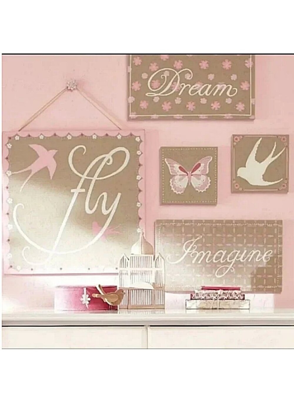 Pottery Barn Girls Canvas Wall Art Decor Set of 3 Dream Imagine Bird